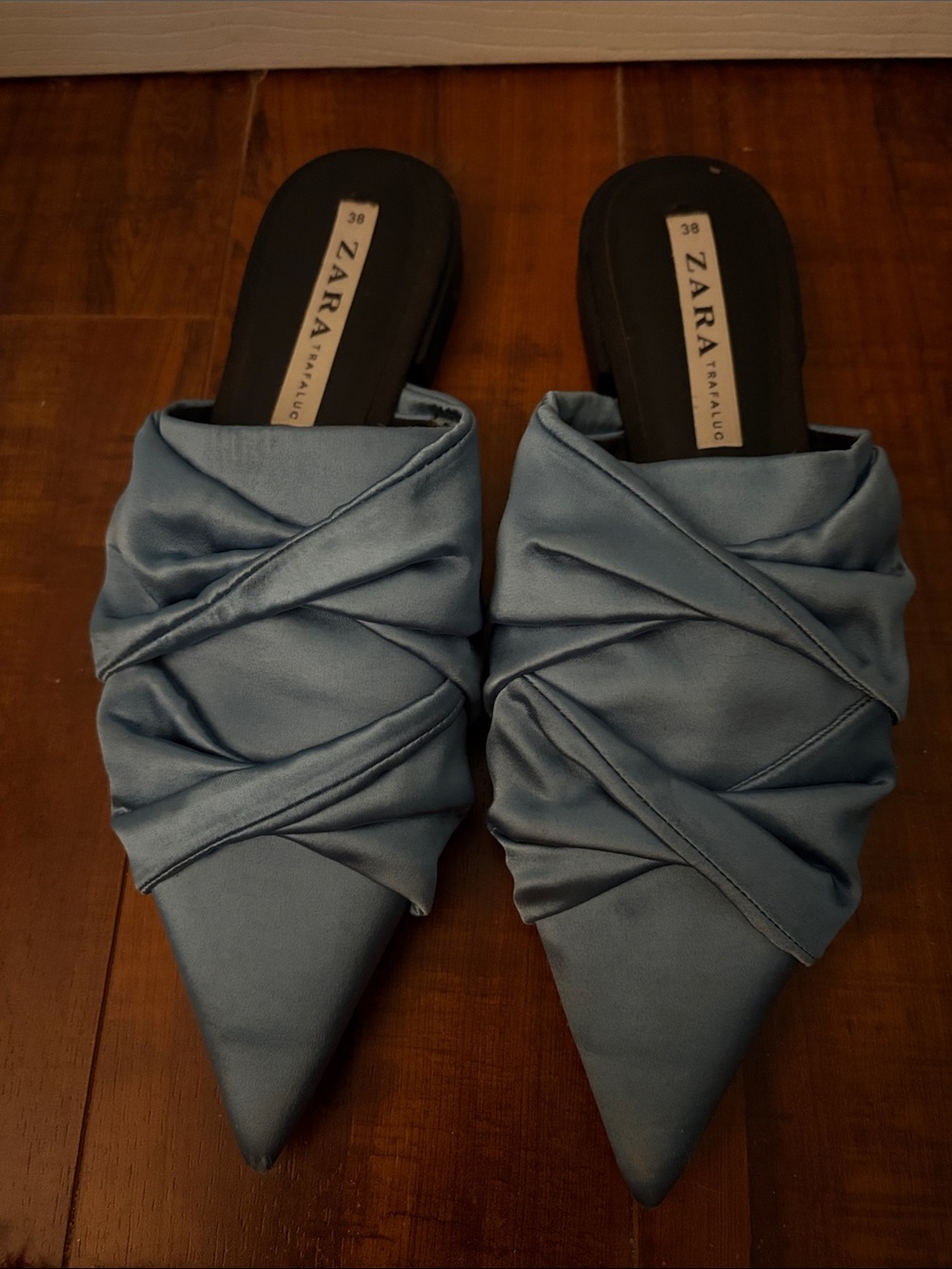 ZARA Slate Blue Satin Knotted Pointed Mules